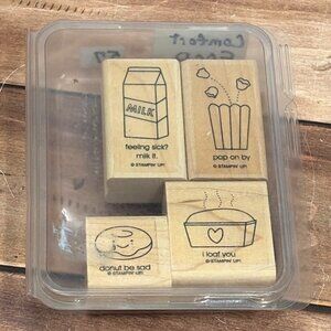 STAMPIN' UP! COMFORT FOOD WOOD MOUNTED RUBBER STAMP SET OF 4 WITH PUNS